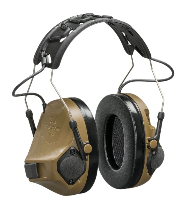 Tan over-ear hearing protection earmuffs with headband