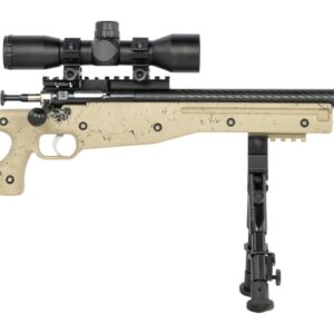 Bolt-action sniper rifle with scope and bipod
