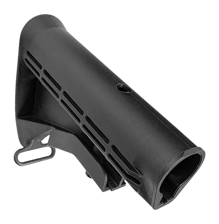 Black adjustable rifle buttstock on white background