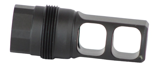 Black metal muzzle brake with side ports