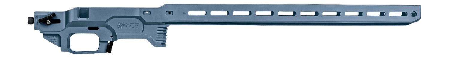 Precision rifle chassis frame in matte blue finish
