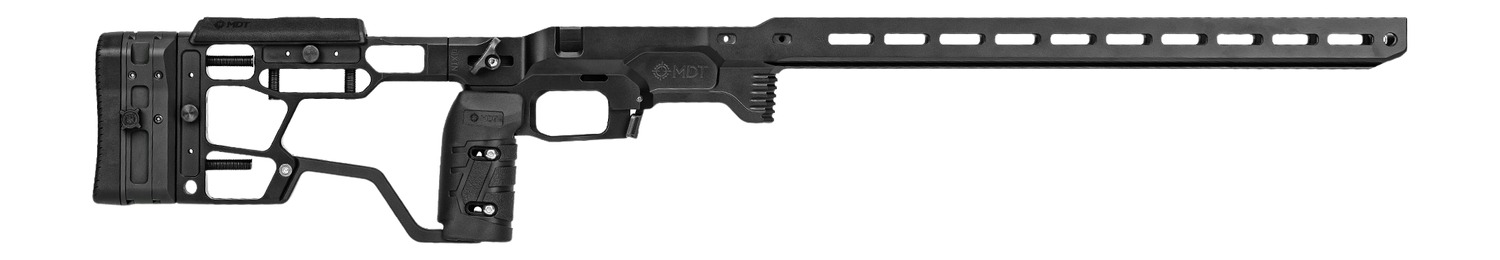 Black precision rifle chassis with adjustable stock