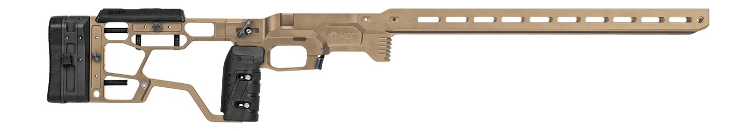 Tan precision rifle chassis with adjustable stock
