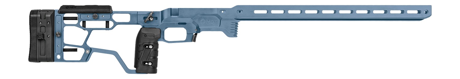 Blue precision rifle chassis with adjustable stock