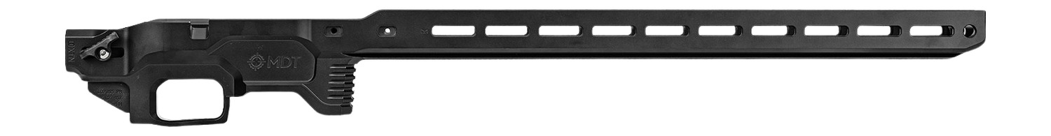 Black MDT rifle chassis with extended handguard