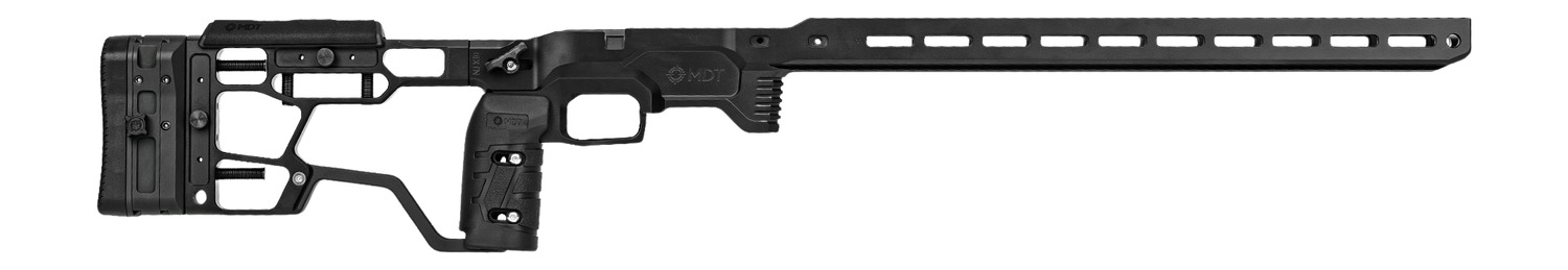 Black precision rifle chassis on white background