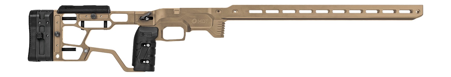 Tan precision rifle chassis with adjustable stock