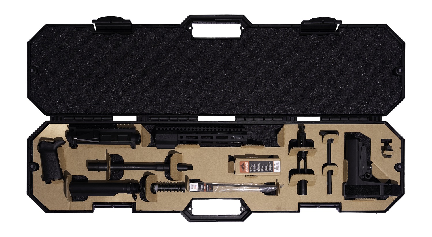 Disassembled rifle parts in foam-lined hard case