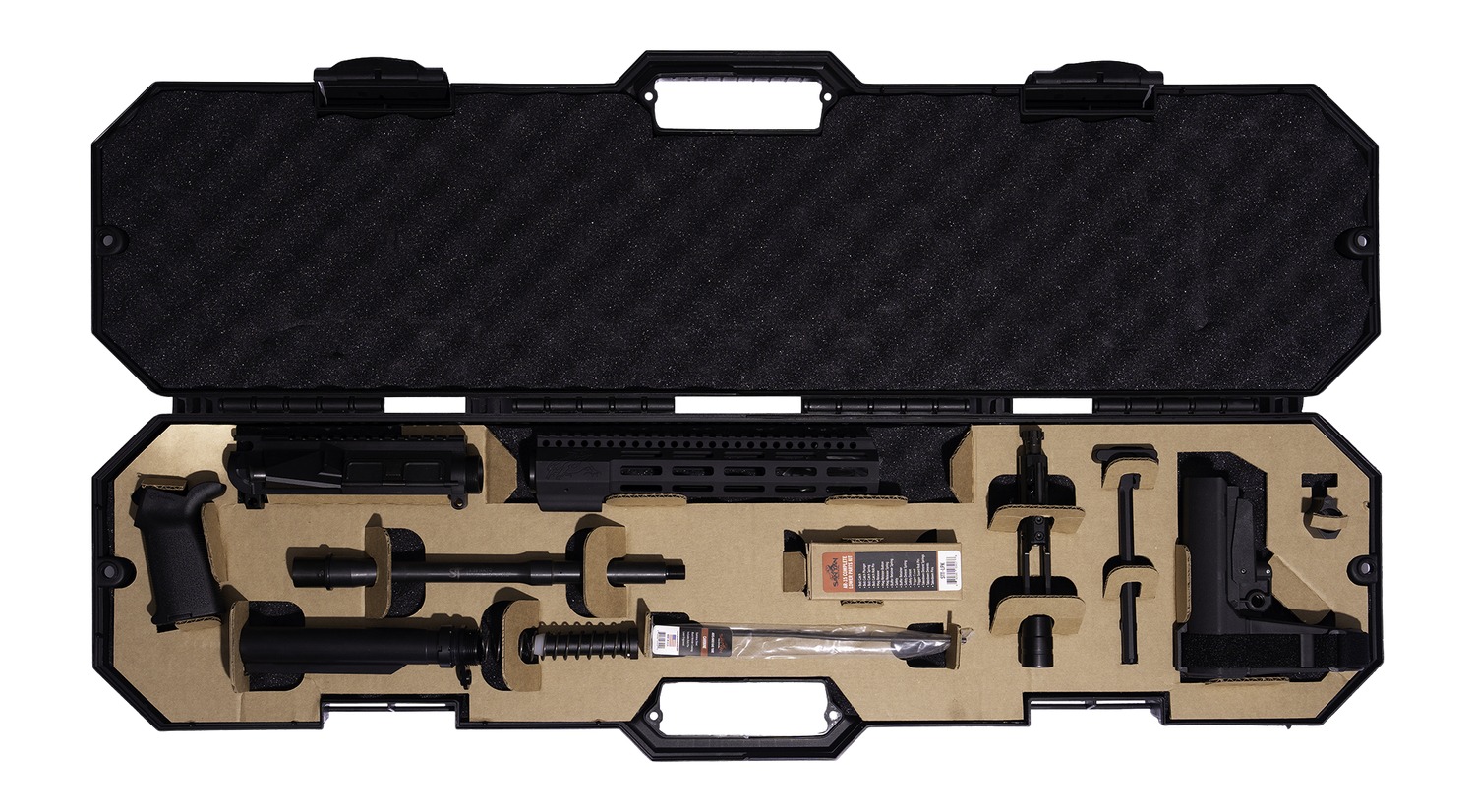 Open rifle case with disassembled firearm components