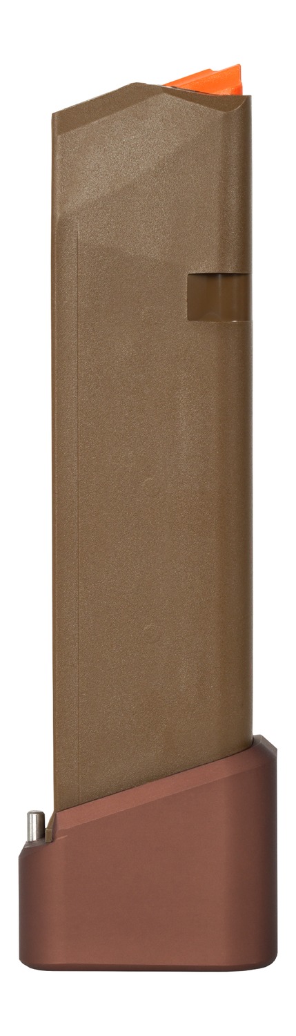 Extended handgun magazine with brown base plate