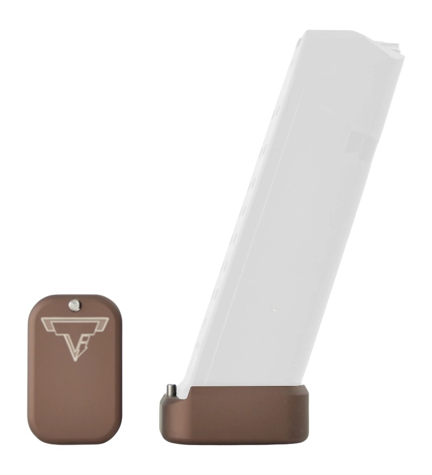 Brown extended handgun magazine with matching accessory