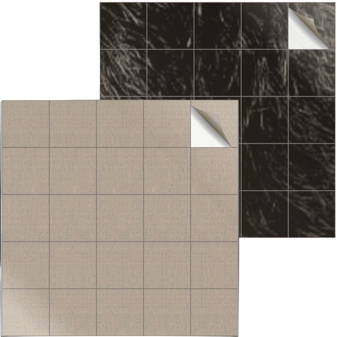 Beige and black textured tile sheets with peel corner