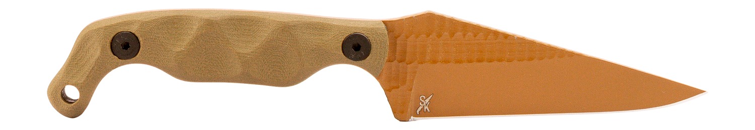 Tan-handled fixed blade knife with orange blade