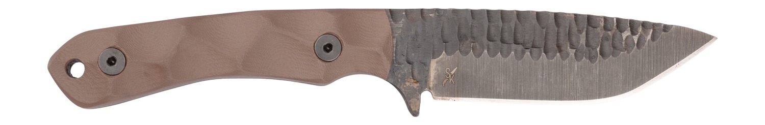 Fixed-blade knife with brown handle and textured blade