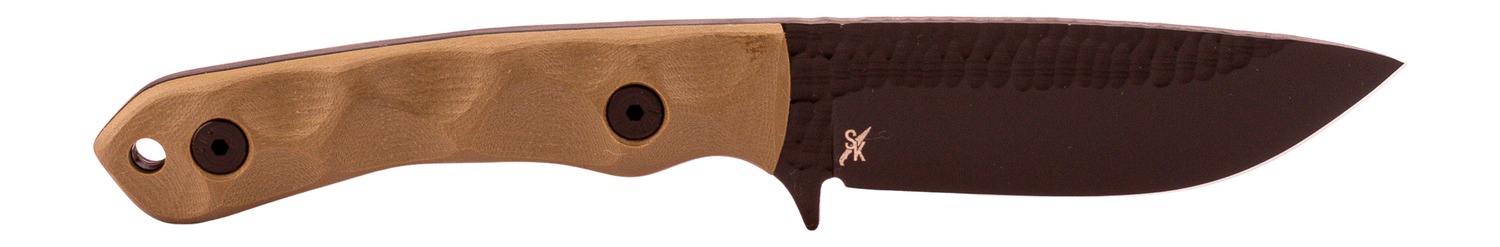 Fixed-blade knife with tan handle and dark blade