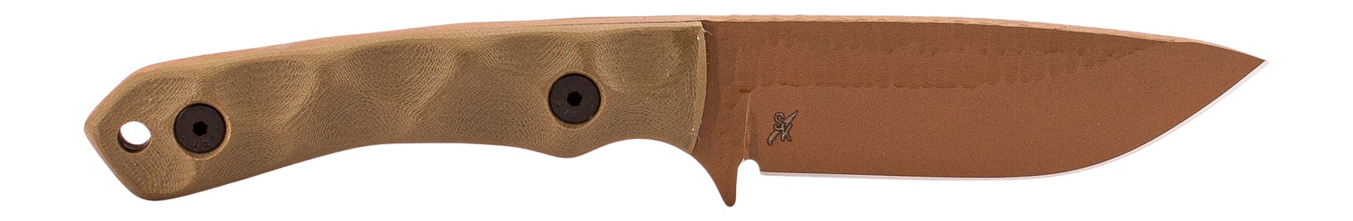 Tan-handled fixed blade knife on white background