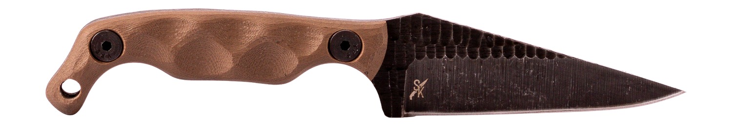 Fixed-blade knife with textured handle and dark blade