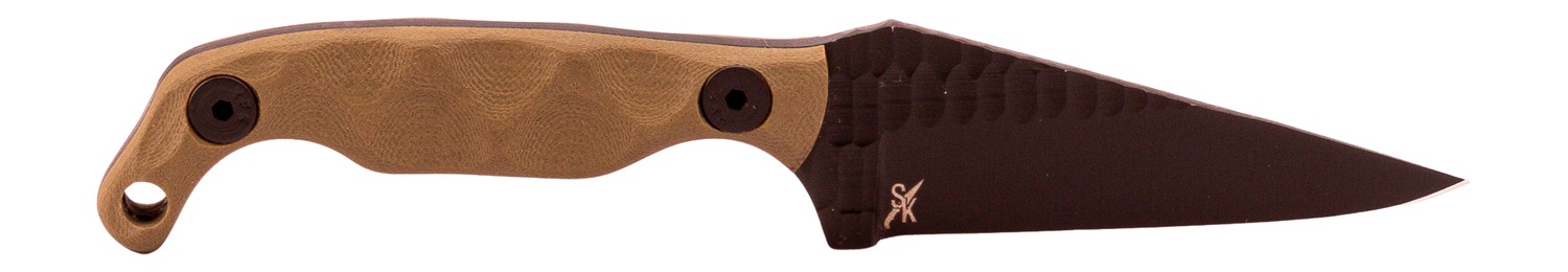 Fixed-blade knife with tan handle and dark blade