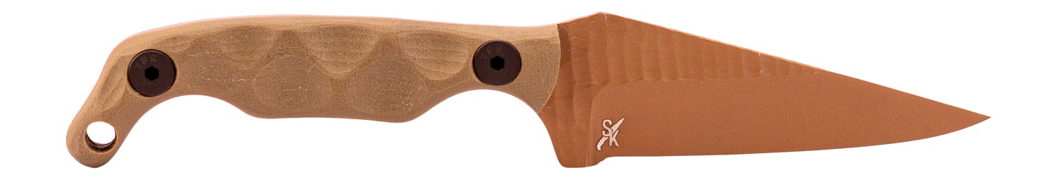 Tan-handled fixed-blade knife on white background