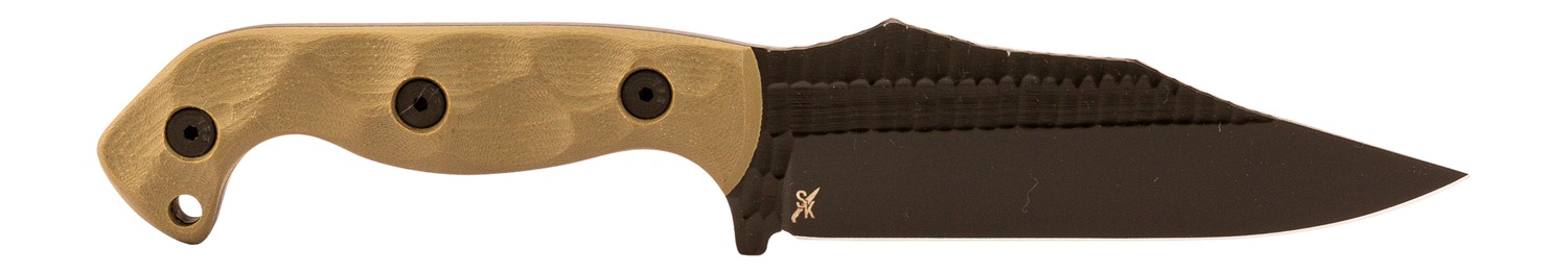 Fixed-blade knife with tan handle and black blade