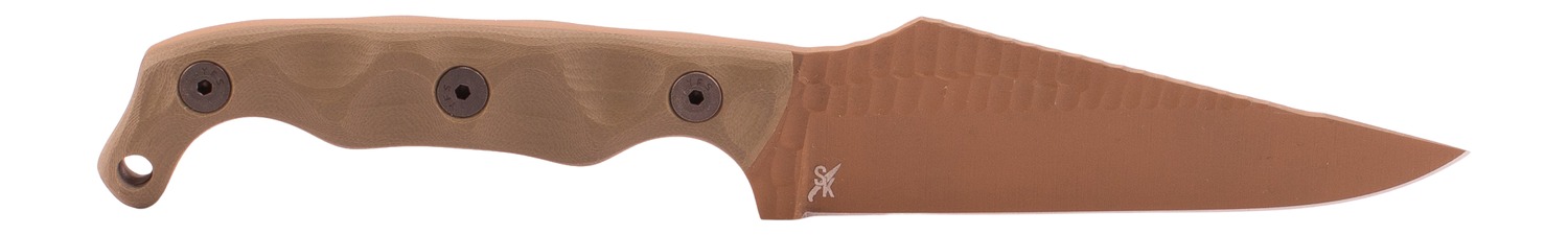 Tan fixed-blade tactical knife on white background