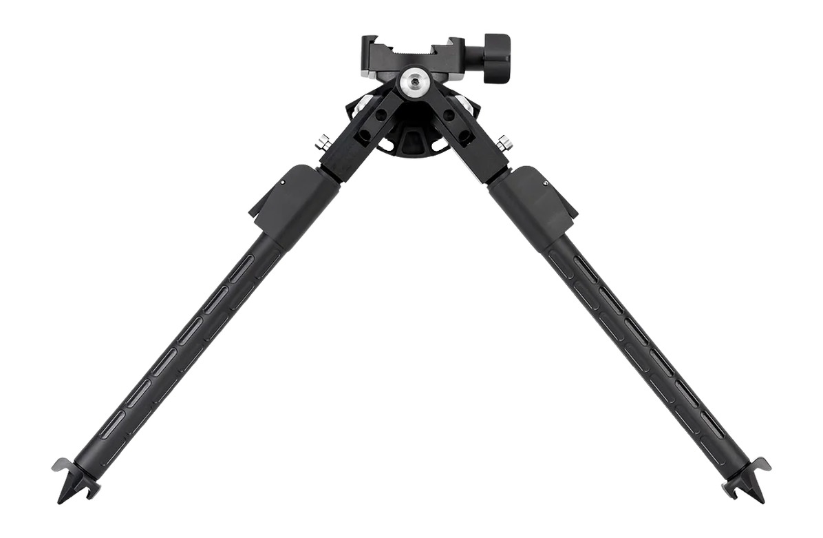 Black adjustable rifle bipod on white background