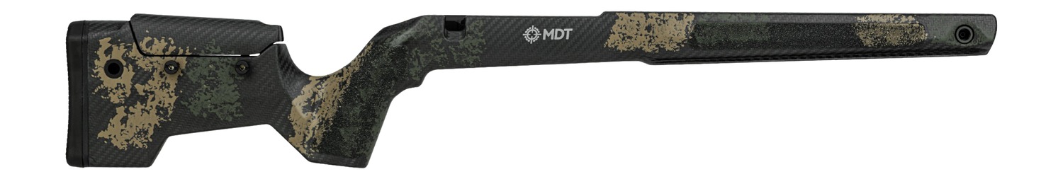Camouflage rifle stock with MDT branding