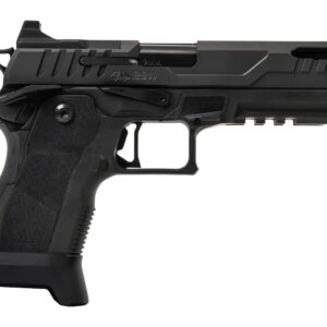 Black semi-automatic handgun on white background