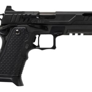 Black semi-automatic handgun on white background