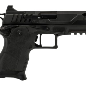 Black semi-automatic handgun on white background