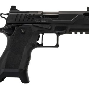 Black semi-automatic handgun on white background