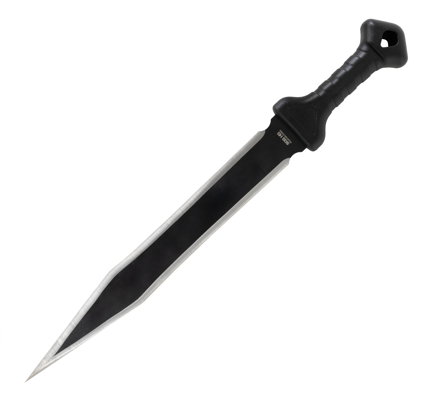 Large fixed-blade knife with black handle