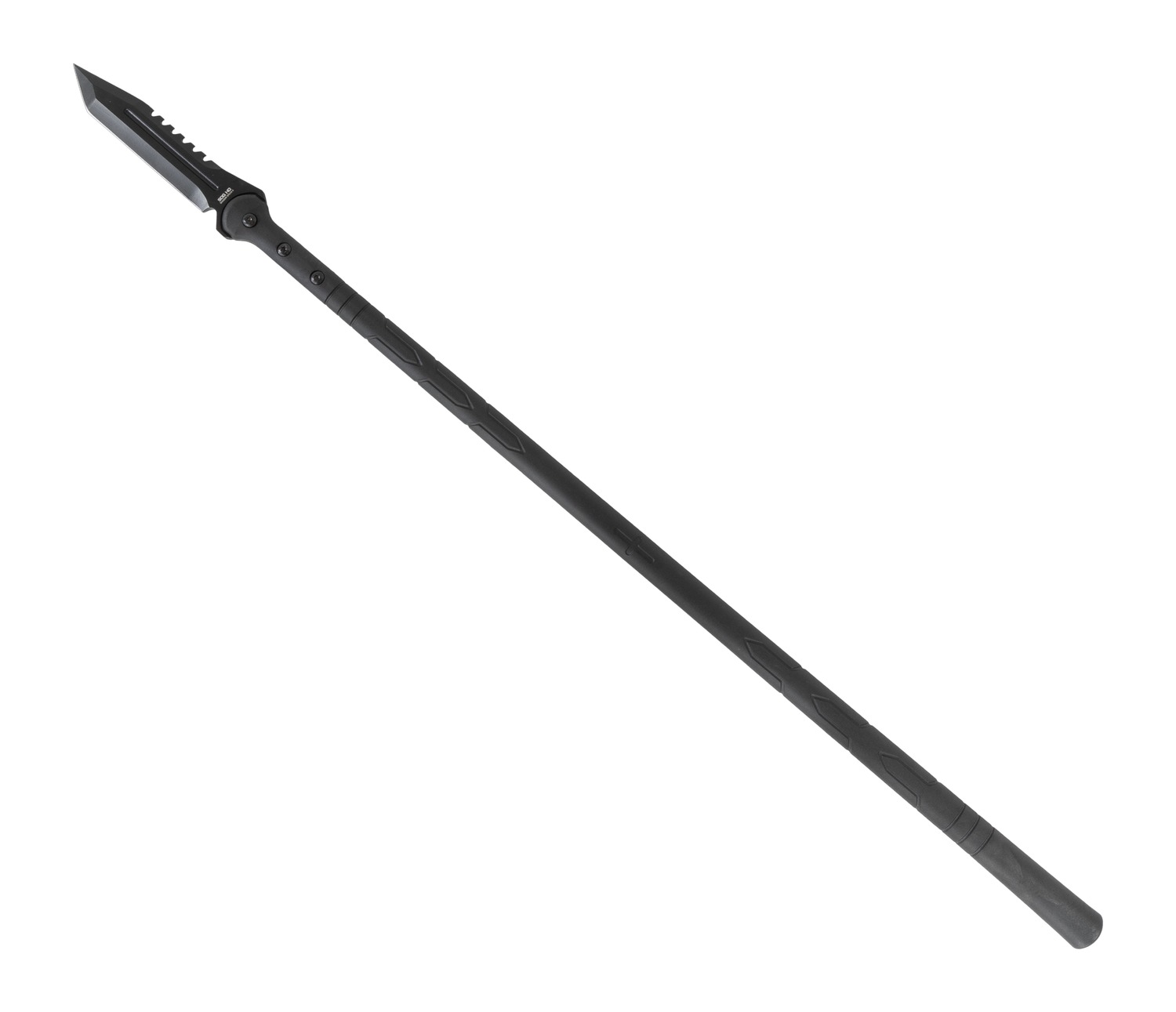 Black tactical spear with serrated blade