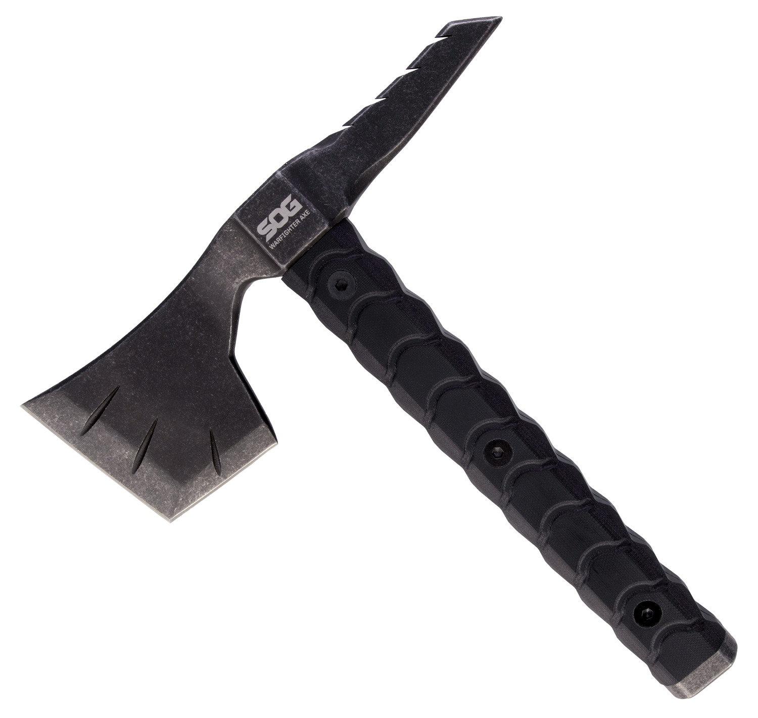 Black tactical tomahawk axe with serrated spike