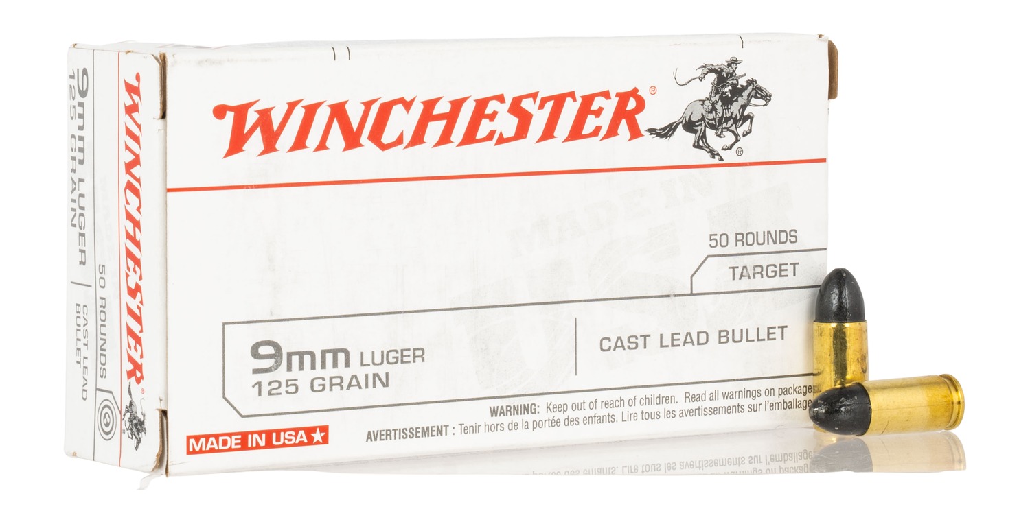Winchester 9mm Luger ammunition box and cartridges