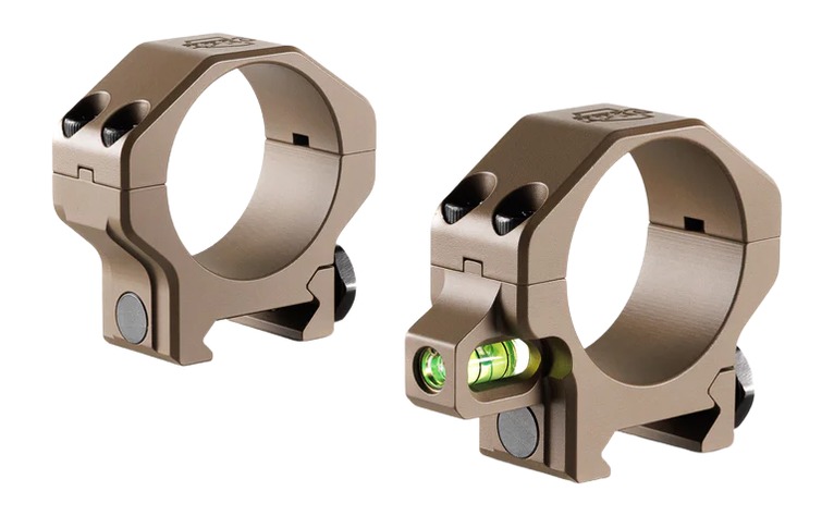 Tan rifle scope rings with integrated bubble level