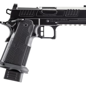 Black semi-automatic pistol with textured grip