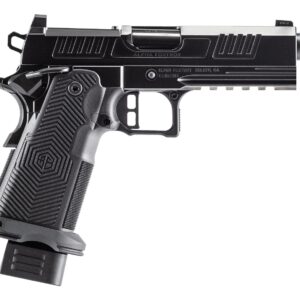Black semi-automatic pistol with threaded barrel