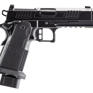 Black semi-automatic pistol on white background
