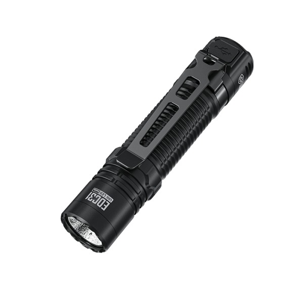 Black tactical LED flashlight with pocket clip