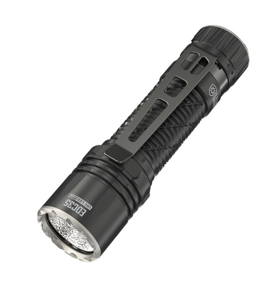 Black tactical LED flashlight with pocket clip