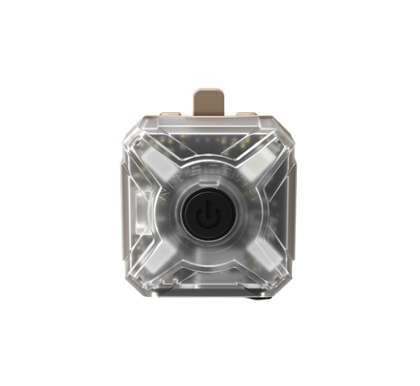 Transparent square electronic device with central power button