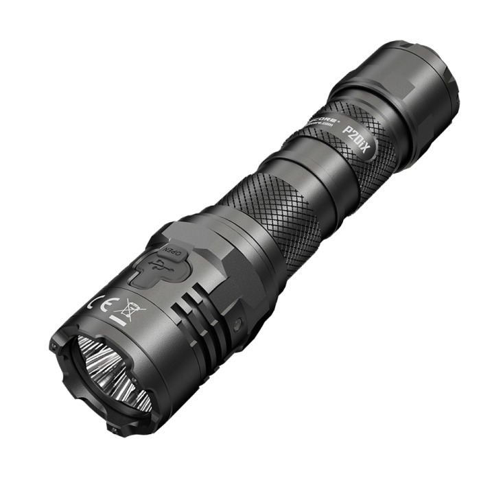 Black tactical LED flashlight on white background