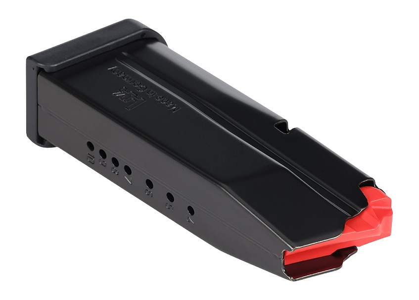 Black handgun magazine with red base plate