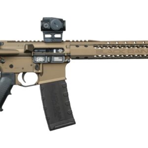 Tan and black AR-15 style rifle