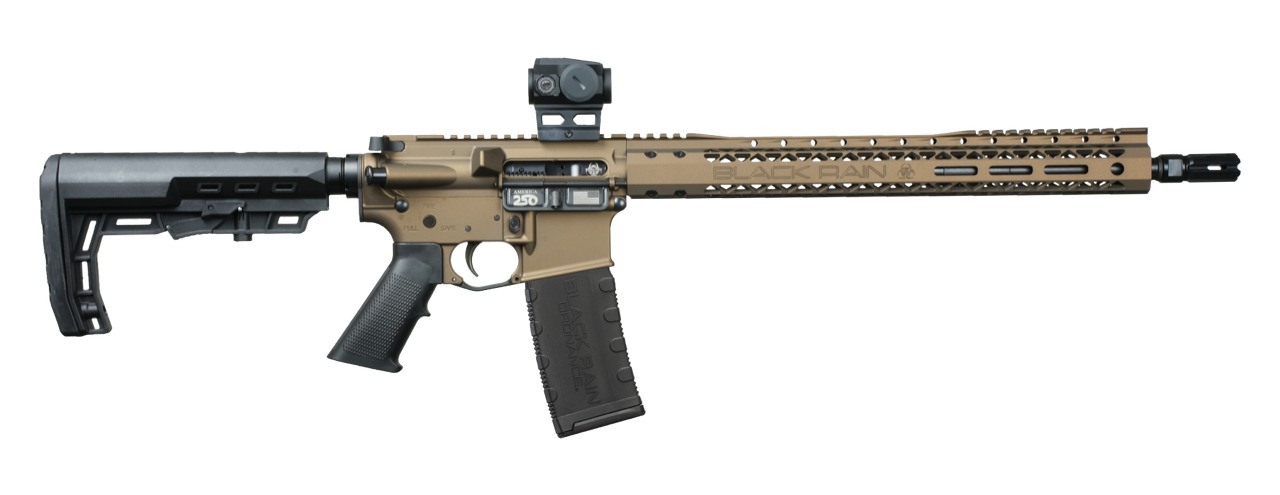 Tan and black AR-15 style rifle