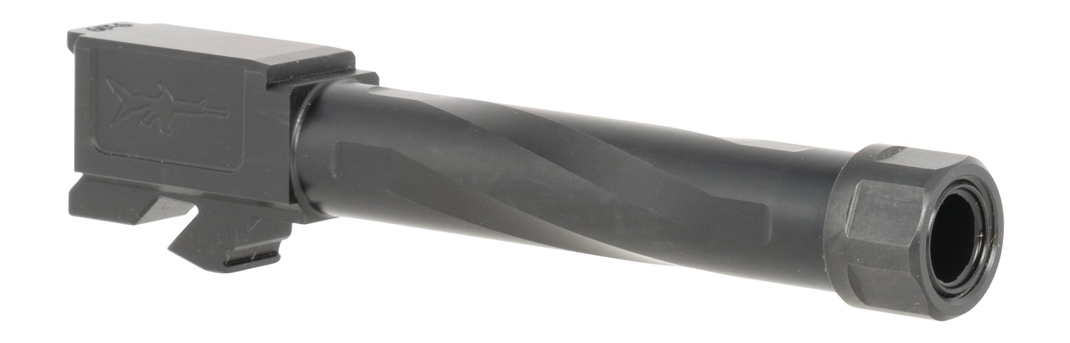 Black metal handgun barrel with threaded muzzle