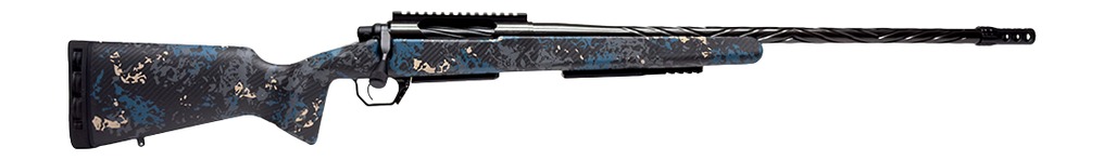 Bolt-action rifle with camouflage stock and long barrel