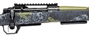 Camouflage bolt-action rifle with green barrel
