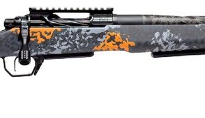 Bolt-action rifle with gray and orange camo stock